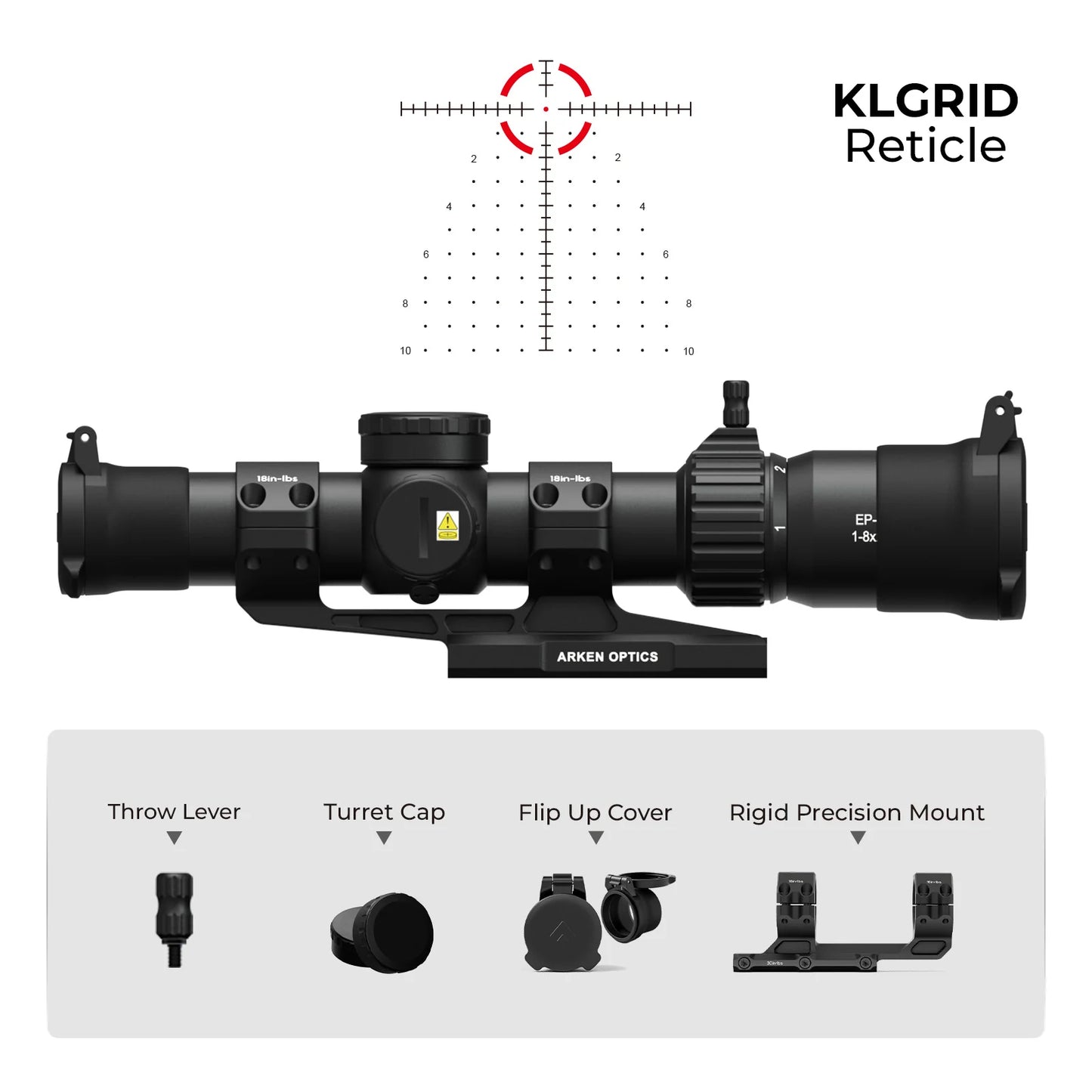 Arken EP8-18KLB-M EP-8 LPVO Matte Black 1-8x28mm 34mm Tube Illuminated Red BDC Reticle